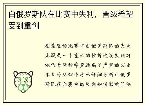 白俄罗斯队在比赛中失利，晋级希望受到重创