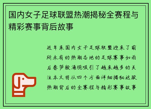 国内女子足球联盟热潮揭秘全赛程与精彩赛事背后故事