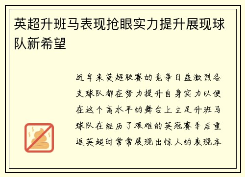 英超升班马表现抢眼实力提升展现球队新希望