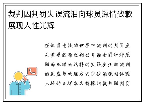 裁判因判罚失误流泪向球员深情致歉展现人性光辉