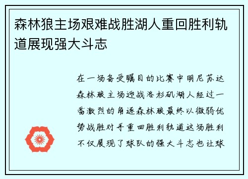 森林狼主场艰难战胜湖人重回胜利轨道展现强大斗志