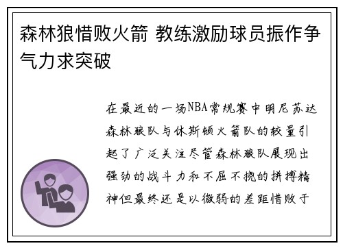 森林狼惜败火箭 教练激励球员振作争气力求突破