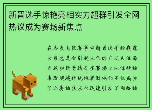 新晋选手惊艳亮相实力超群引发全网热议成为赛场新焦点