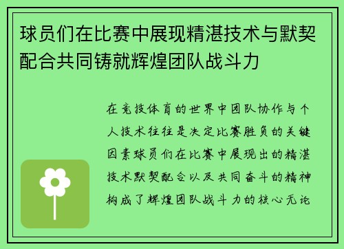 球员们在比赛中展现精湛技术与默契配合共同铸就辉煌团队战斗力