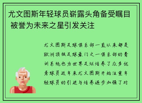 尤文图斯年轻球员崭露头角备受瞩目 被誉为未来之星引发关注