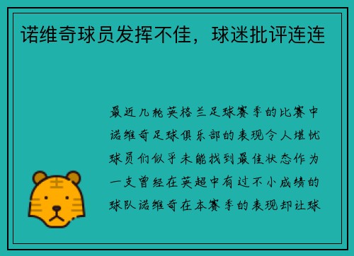 诺维奇球员发挥不佳，球迷批评连连