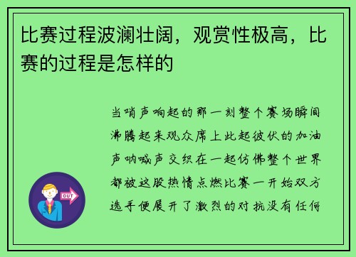 比赛过程波澜壮阔，观赏性极高，比赛的过程是怎样的