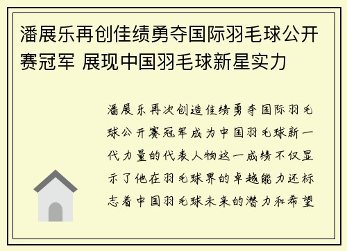 潘展乐再创佳绩勇夺国际羽毛球公开赛冠军 展现中国羽毛球新星实力