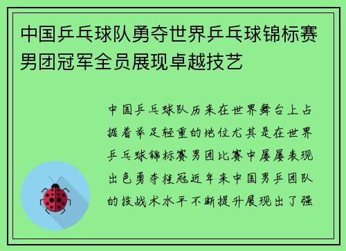 中国乒乓球队勇夺世界乒乓球锦标赛男团冠军全员展现卓越技艺