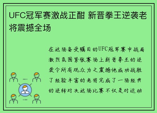 UFC冠军赛激战正酣 新晋拳王逆袭老将震撼全场